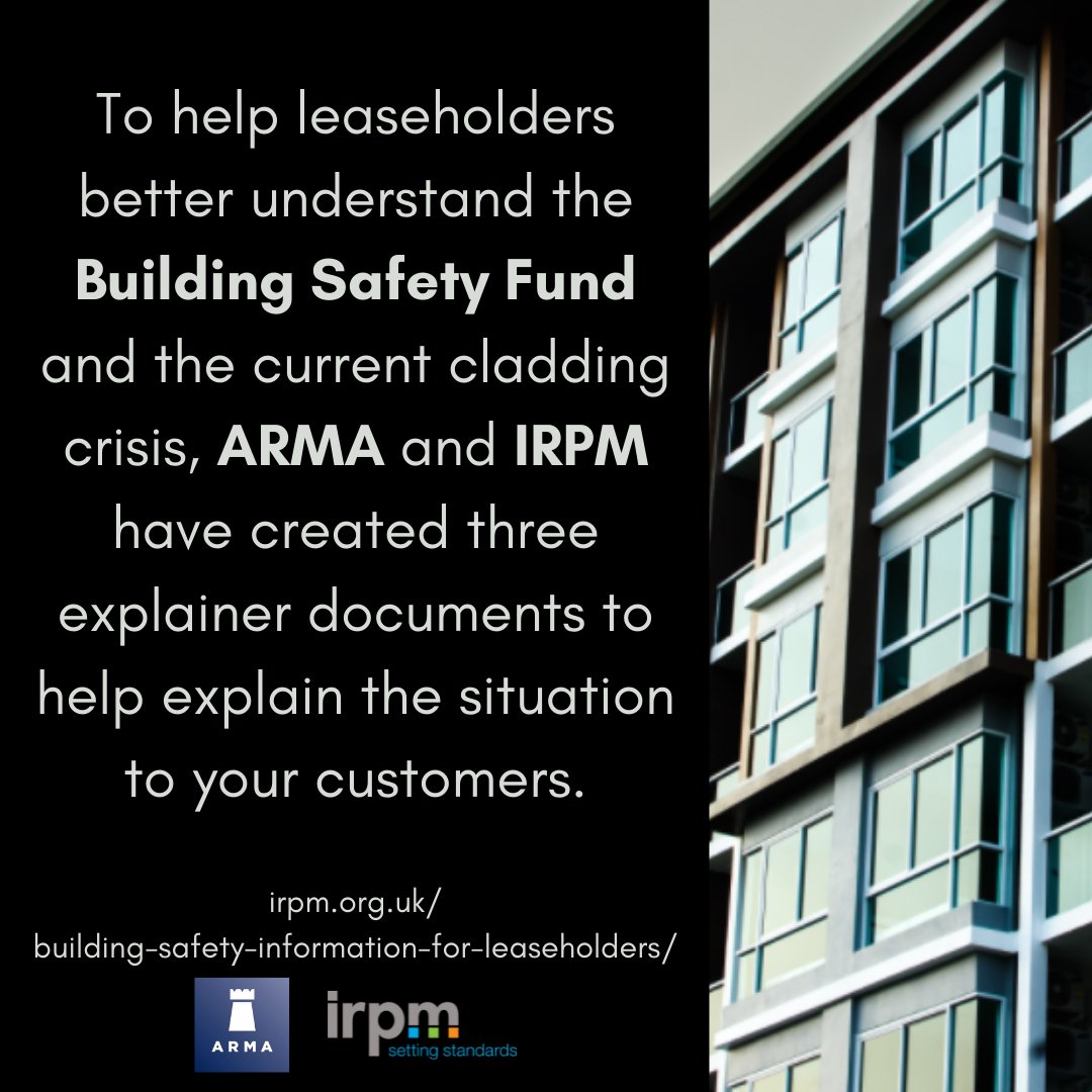 IRPMONLINE's tweet photo. #Building #Safety Information for Leaseholders
To help #leaseholders better understand the #BuildingSafetyFund and the current #cladding crisis, @ARMAleasehold & #IRPM have created 3 explainer documents to help explain the situation to your #customers.
https://t.co/EzA5d39Hab https://t.co/k8nGFynpfE