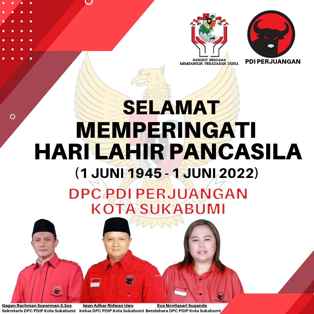 DPCPDIPKOTASMI's tweet photo. Selamat Hari Lahir Pancasila 1 Juni 2022. 
Mari perkukuh persatuan dan kesatuan bangsa untuk Indonesia rasa yang lebih baik."

#PDIPerjuangan
#PDIPerjuanganJabar
#PDIPerjuanganKotaSukabumi
#SolidBergerak https://t.co/U6ZZvIDNjx