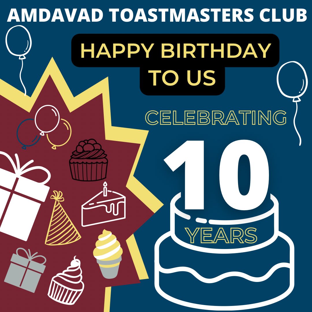Toastmaster_ahd's tweet photo. 🥂 *10th Birthday Cheers* 🥂 

Celebrating a decade of togetherness not only as club but as friends and families 🎉🎉 

Looking forward to many more years to come filled with learnings &amp; friendships 🥳🥳 https://t.co/GnoGLHcmak