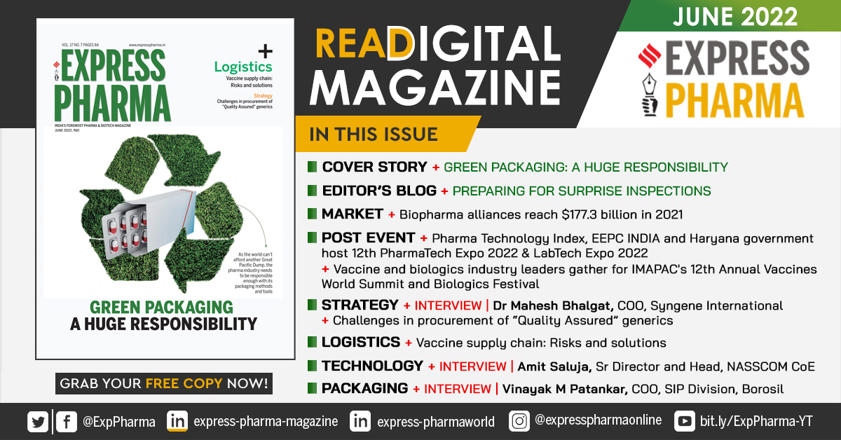#DigitalIssue of #ExpressPharma June 2022 ~ Green Packaging: A Huge Responsibility is out now and available online at t.ly/ep-digimag-jun… 

Grab your FREE copy of #DigitalMagazine now! 

<a href="/Viveka_Roy/">Viveka Roychowdhury</a> <a href="/LNair23/">Lakshmipriya Nair</a> <a href="/rbhatkal/">Rajesh Bhatkal</a> @JournoAkanki <a href="/Kalsomekals/">Kalyani Sharma</a> <a href="/voraonline1/">Vikram Vora</a>