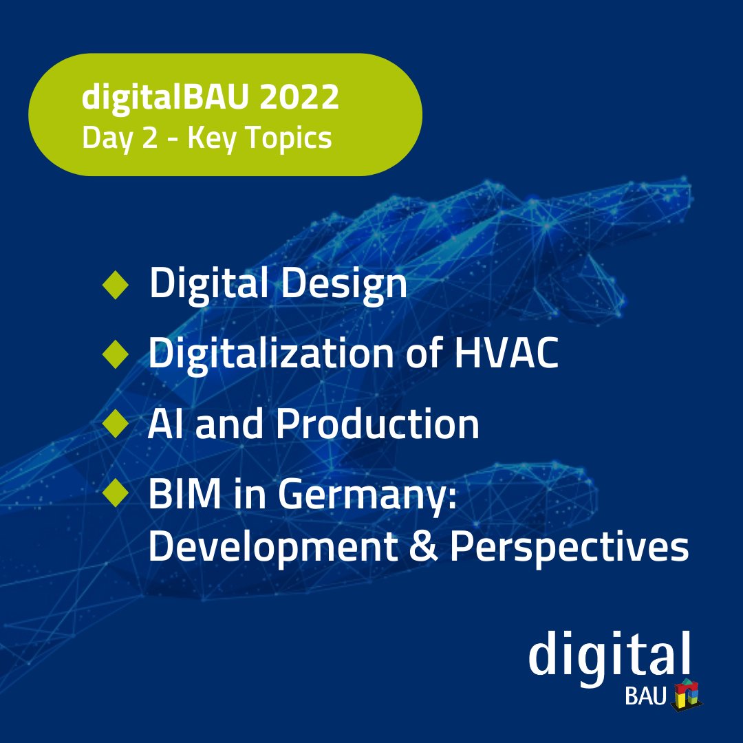 Welcome to day two of #digitalBAU 2022!
Again today, a diverse program of top-class speaker sessions, guided tours through the halls of <a href="/koelnmesse/">Koelnmesse GmbH</a> and lots of networking in the exhibitor areas awaits you!
See you there 👋