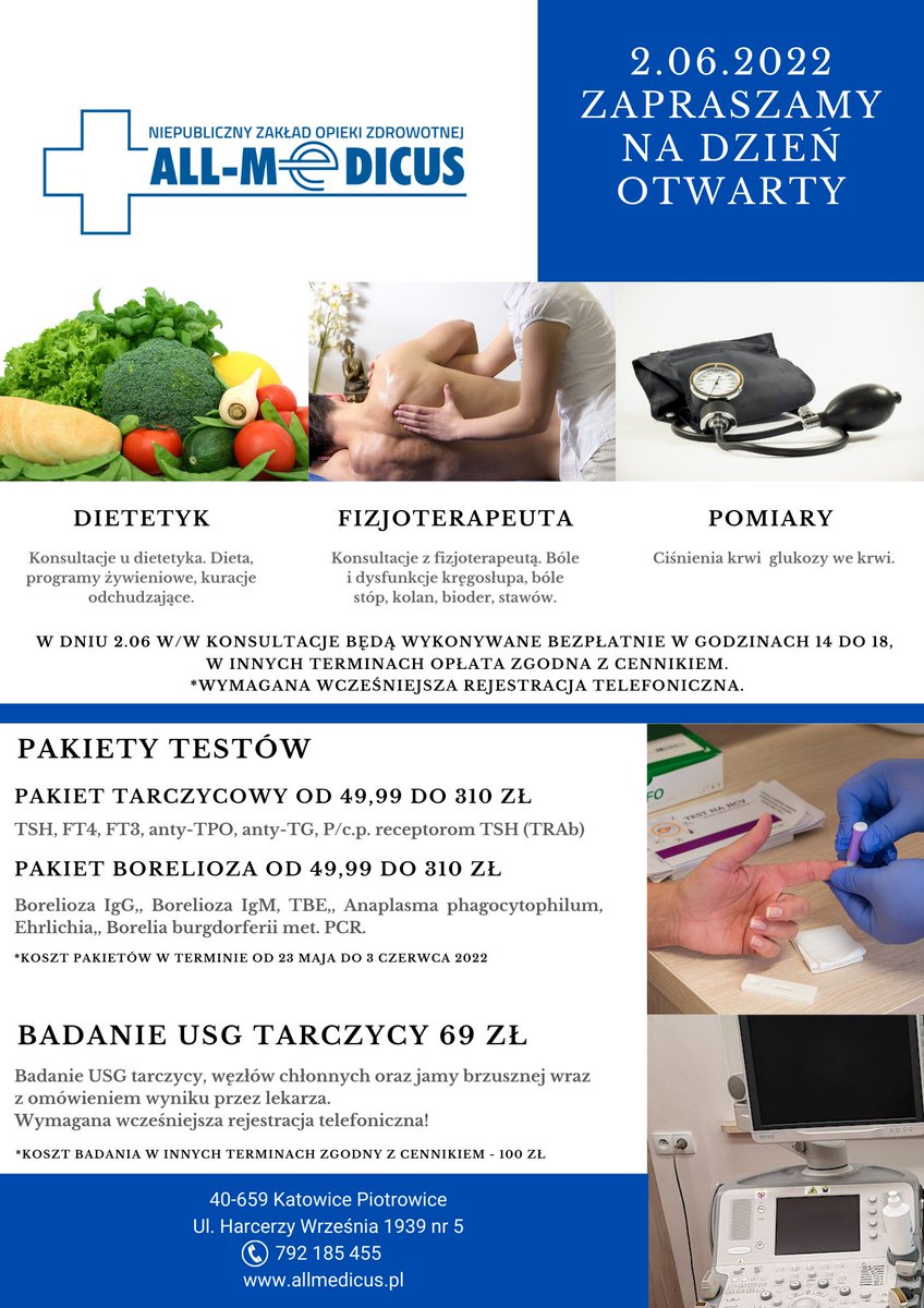 NZOZ_AllMedicus's tweet photo. Zapraszamy 2 czerwca 2022 na:
- bezpłatne konsultacje z dietetykiem
- bezpłatne konsultacje z fizjoterapeutą
- testy wykrywające choroby tarczycy
- testy na boreliozę
- badanie USG tarczycy
https://t.co/Lpr1v8qw6X

#Borelioza #USGKatowice #DietetykKatowice #FizjoterapeutaKatowice https://t.co/AErG9e1YQB
