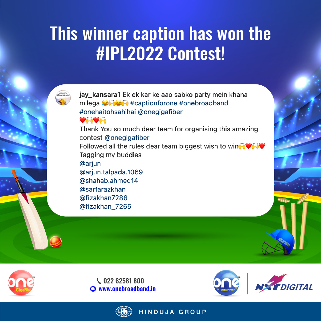 onegigafiber's tweet photo. Congratulations @jay_kansara1 on winning the #ONECaptionContest
Kindly DM us your ID proof to claim your prize!
We would like to thank all the participants for their overwhelming response. We will come back with more such giveaways soon! #staytuned
#OneHaiTohSabHai https://t.co/fYsHtkkHQI