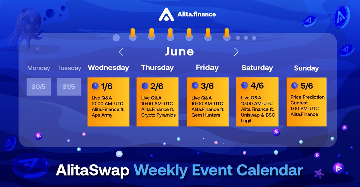 Attention, Alitians!

💵The #Alitafinance team has been hard at work putting together a weekly event calendar that is specifically for YOU!

✅Note the date!