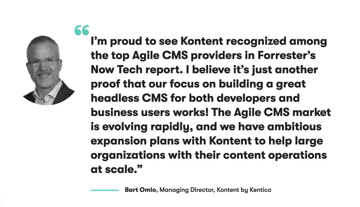 Did you know that Kontent is featured in Forrester’s Now Tech Q2 2022 report that includes an overview of 31 leading #AgileCMS providers? 👀 Find out more about this achievement in our article: 
bit.ly/38fsraz 🙌 
#HeadlessCMS