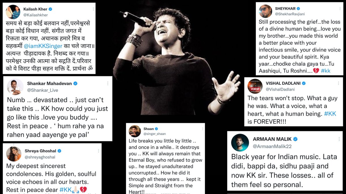 BollySpy's tweet photo. #KK’s friends from the #music industry express grief and shock at his demise.
Om Shanti 🙏🏻

#KKPassesAway #KrishnakumarKunnath #KKLive #RIPKK #RIPLegend #NotKK #KKForever #KKPassesAway https://t.co/w4b9qF6FBK