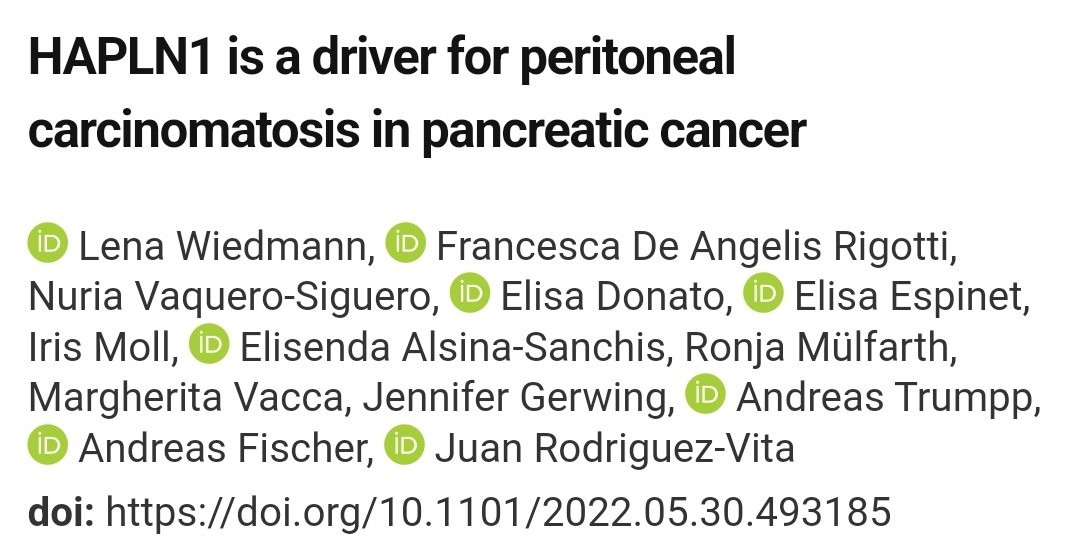 Juan Rodriguez Vita (@j_rodriguezvita) on Twitter photo 📢 New preprint: biorxiv.org/content/10.110… PDAC is one of the deadliest cancers. It frequently metastasizes into the peritoneum. We define HAPLN1 as a marker for increased risk of peritoneal carcinomatosis.
Huge effort from <a href="/wiedmann_lena/">Lena Wiedmann</a> and Francesca De Angelis Rigotti. 🧵👇🏻 📢 New preprint: biorxiv.org/content/10.110… PDAC is one of the deadliest cancers. It frequently metastasizes into the peritoneum. We define HAPLN1 as a marker for increased risk of peritoneal carcinomatosis.
Huge effort from <a href="/wiedmann_lena/">Lena Wiedmann</a> and Francesca De Angelis Rigotti. 🧵👇🏻