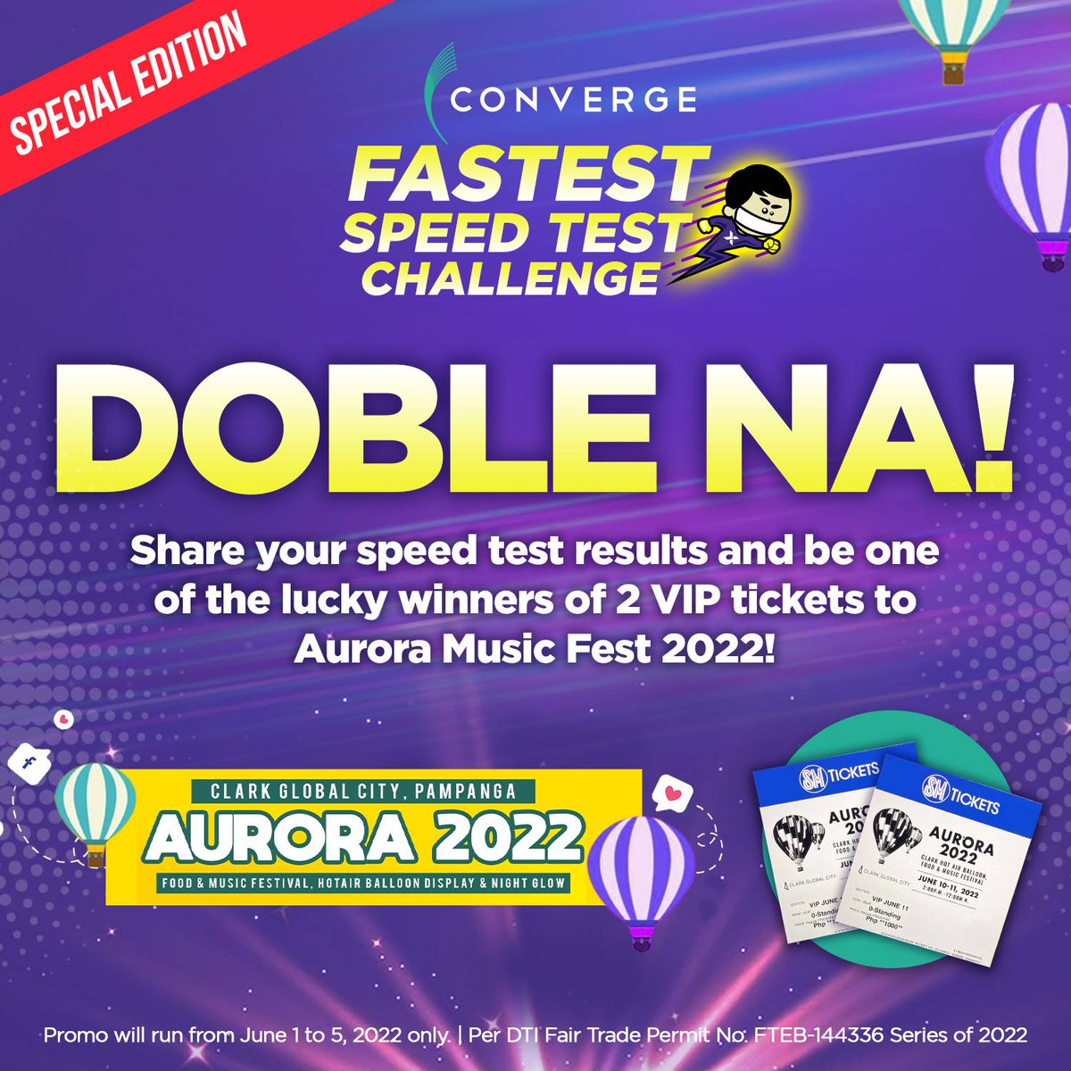 ExperienceCNVRG's tweet photo. Maki-Doble Na tayo mga Ka-Converge!!! #ShowOffYourSpeed at baka isa ka sa lucky winners ng 2 VIP tickets to Aurora Music Fest 2022!
This promo runs from June 1-5 only. For full mechanics, go to https://t.co/elzaQXbrO5.
Doble na! Kaya yan!
#ConvergeFastestSpeedTestChallenge https://t.co/obh5HcZyOj