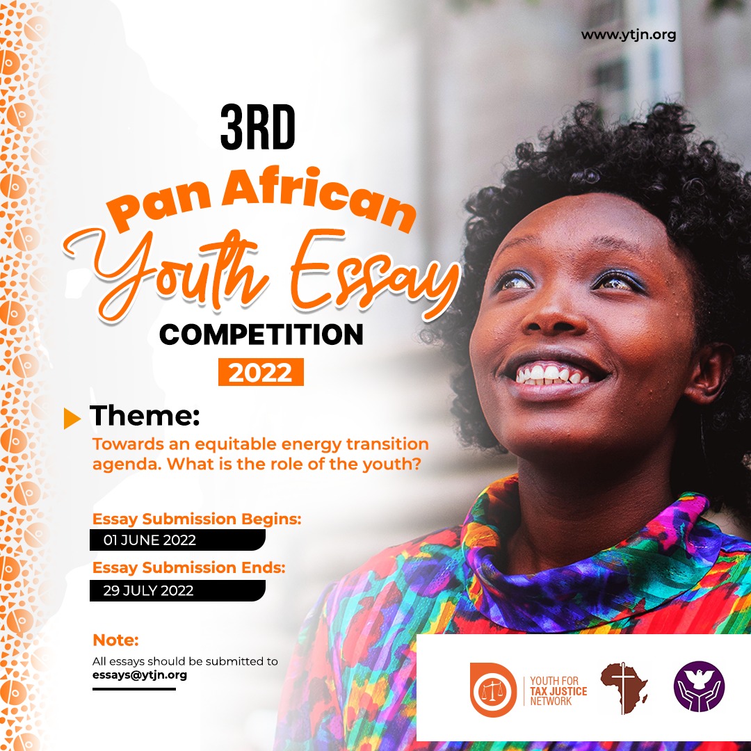 Happening Today ⏰3PM 

Click to register for the 3rd Pan African #YouthEssay Competition 

#YouthEssay Launch 📲 forms.gle/w9n5bsEo4rgeAa…

#YTJN22 #Youth4TaxJustice