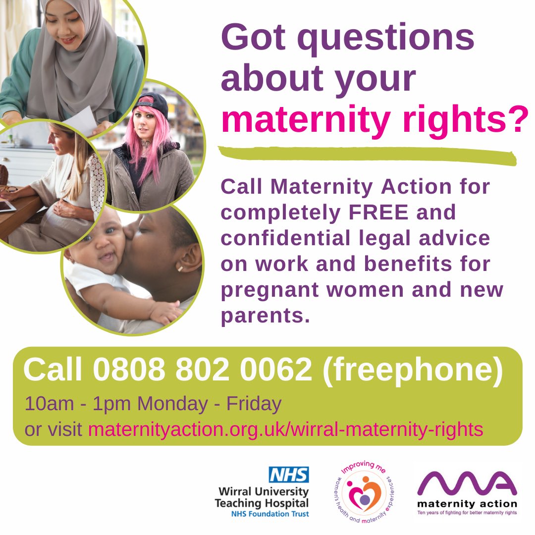 VoicesWirral's tweet photo. NEW FREE service from 1st June if you get your maternity care at Arrowe Park. @MaternityAction can check your maternity pay &amp; benefits and help sort out your maternity rights problems at work.
Call on 0808 802 0062
https://t.co/uut0JXgovk
#WirralMaternityRights https://t.co/babmGAmOqY
