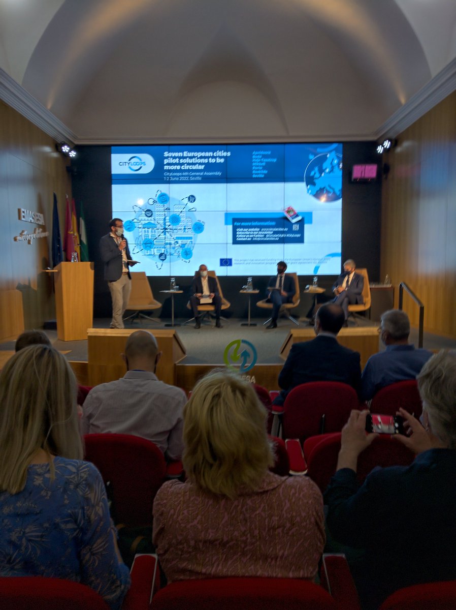 CircularCityEU's tweet photo. The 4th #CityLoops GA is underway in🍊Seville! As one of the 100 mission cities in @netzerocitieseu, the 🇪🇸city sees the CItyLoops project, aiming to close the loops in #Bio-waste and #Construction and #Demolition #Waste, as key to achieve its climate goals! https://t.co/qiB1uQeX7j