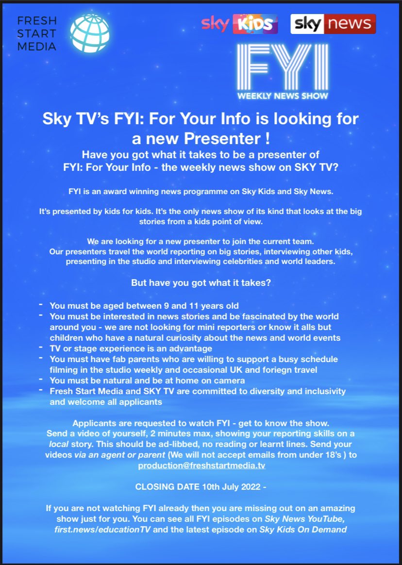 FYI_SkyTV's tweet photo. Have you got what it takes to be an @FYI_SkyTV presenter and reporter ? We are looking for a new member of our award winning team. https://t.co/XC9XyYQbNV