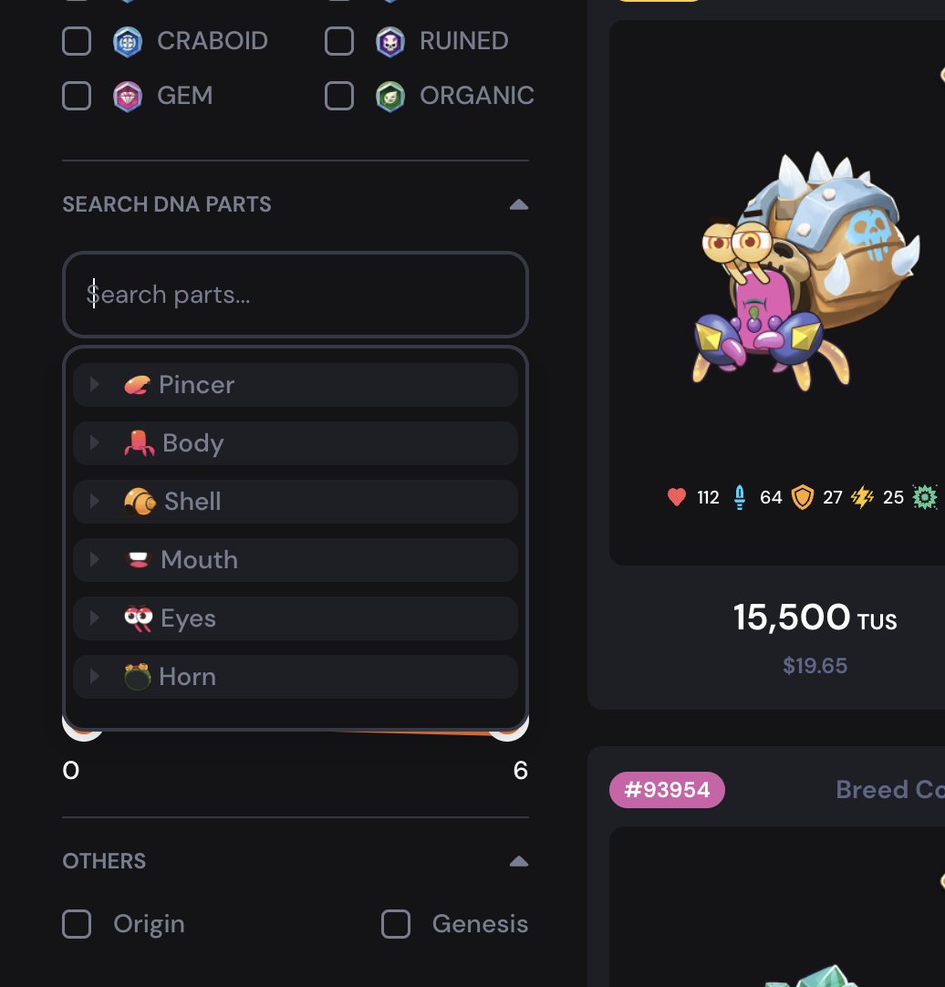 Dear Crabadians!🦀

Anyone noticed this neat new filter on the Marketplace? You can now search for Crabada on the Marketplace by parts!🤩

Wishing everyone, Happy Snibbing!🦀✨