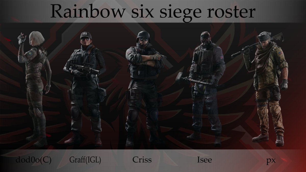#Bejelentés# 

Üdvözöljük az új #RainbowSixSiege line up-unkat, sok sikert kívánunk nekik a jövőben:

Main line up:

🇭🇺@dod0o1337(C)
🇭🇺<a href="/graffba/">Graff</a>(IGL)
🇭🇺<a href="/PxR6s/">pxwga</a>
🇭🇺<a href="/Iseeyyy/">Isee</a>
🇭🇺<a href="/Criss_R6S/">Criss</a>

Cserék:

🇭🇺<a href="/FoxiR6s/">🕊_Foxi_🕊</a>
🇭🇺@P3ppar6s

#R6 #FIGHTFIBE