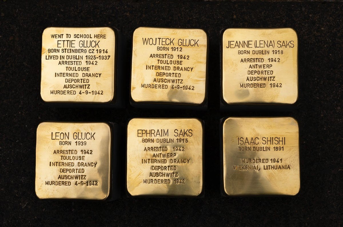 An important moment today when six Stolpersteine are laid on Donore Ave, Dublin 8 in memory of the six Irish Jews known to have been murdered in the Holocaust. The Talmud declares that a person is only forgotten when their name is forgotten.