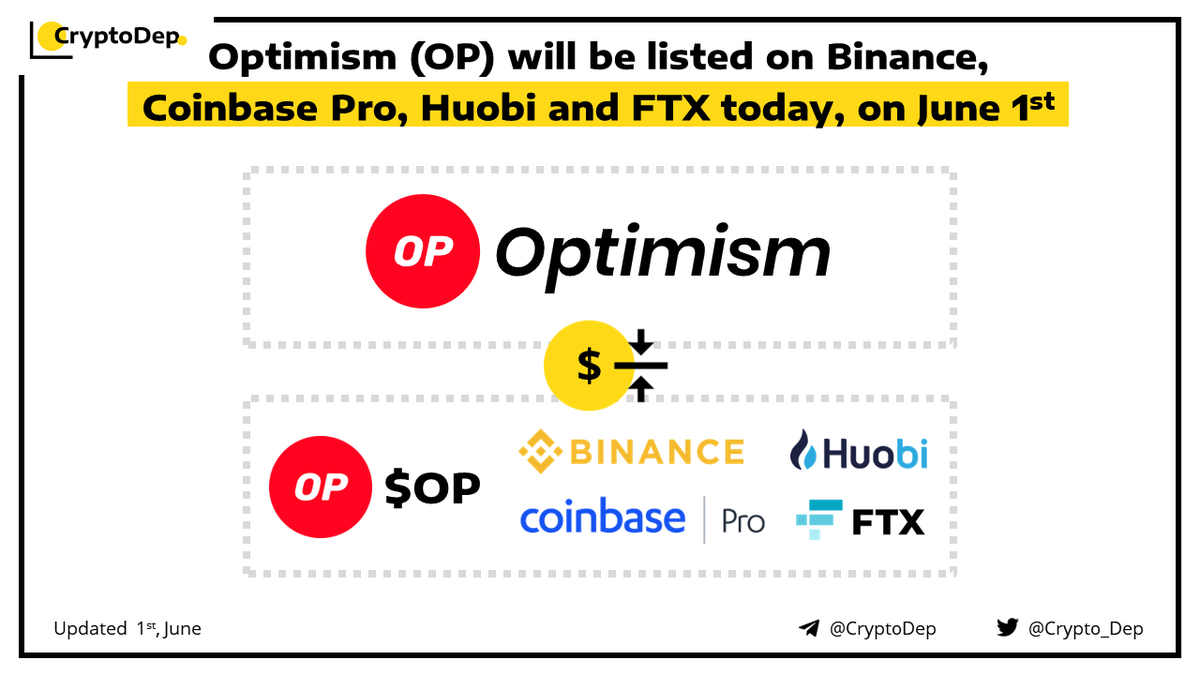 ⚡️ <a href="/OptimismPBC/">(Deprecated) Optimism ✨🔴✨</a> $OP will be listed on <a href="/Binance/">Binance</a>, <a href="/CoinbaseExch/">Coinbase Exchange</a>, <a href="/HuobiGlobal/">火币HTX</a> and <a href="/FTX_Official/">FTX</a> today, on June 1st 

Multiple major exchanges will list $OP token today. #Optimism token will be available on #CoinbasePro, #Binance , #Huobi &amp; #FTX. 

👉binance.com/en/support/art…