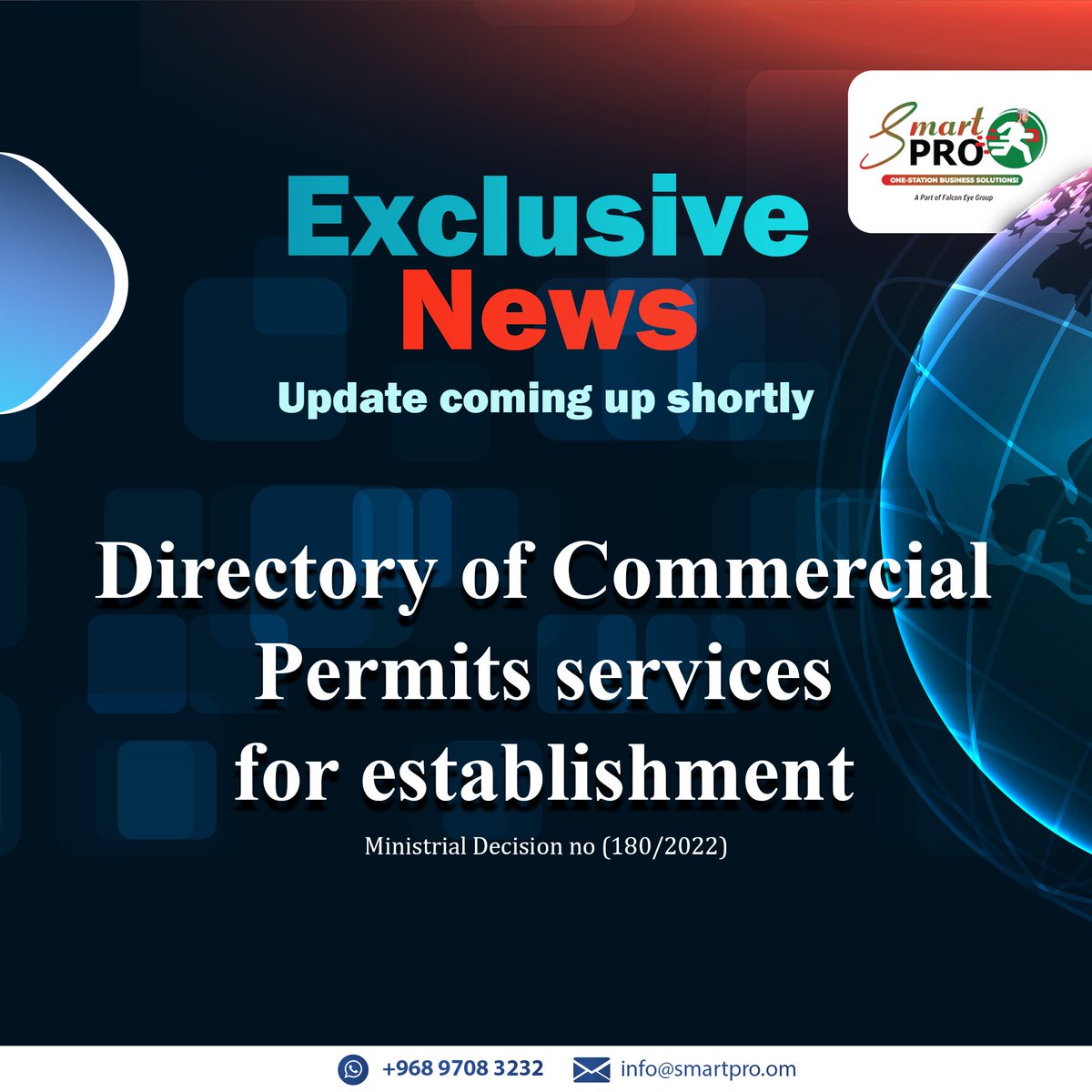 Smartprooman's tweet photo. Exclusive News,
Directory of Commercial Permits services for establishments.
Based on the Ministerial decision No (180/2022)
Update coming up shortly.

#Oman https://t.co/kdiXEdEMCX