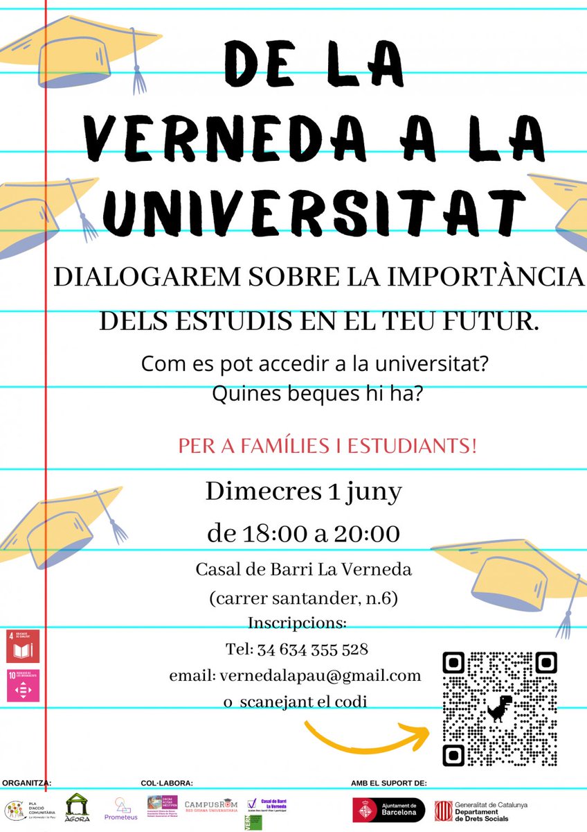 "De la Verneda a la Universitat" No us perdeu avuí dimecres aquesta jornada de 18 a 20h, al Casal de Barri de la Verneda. 
💡 Volem que els i les joves de la Verneda i la Pau vagin a la Universitat, i que l’accés a l’educació superior en els nostres barris no sigui una excepció
