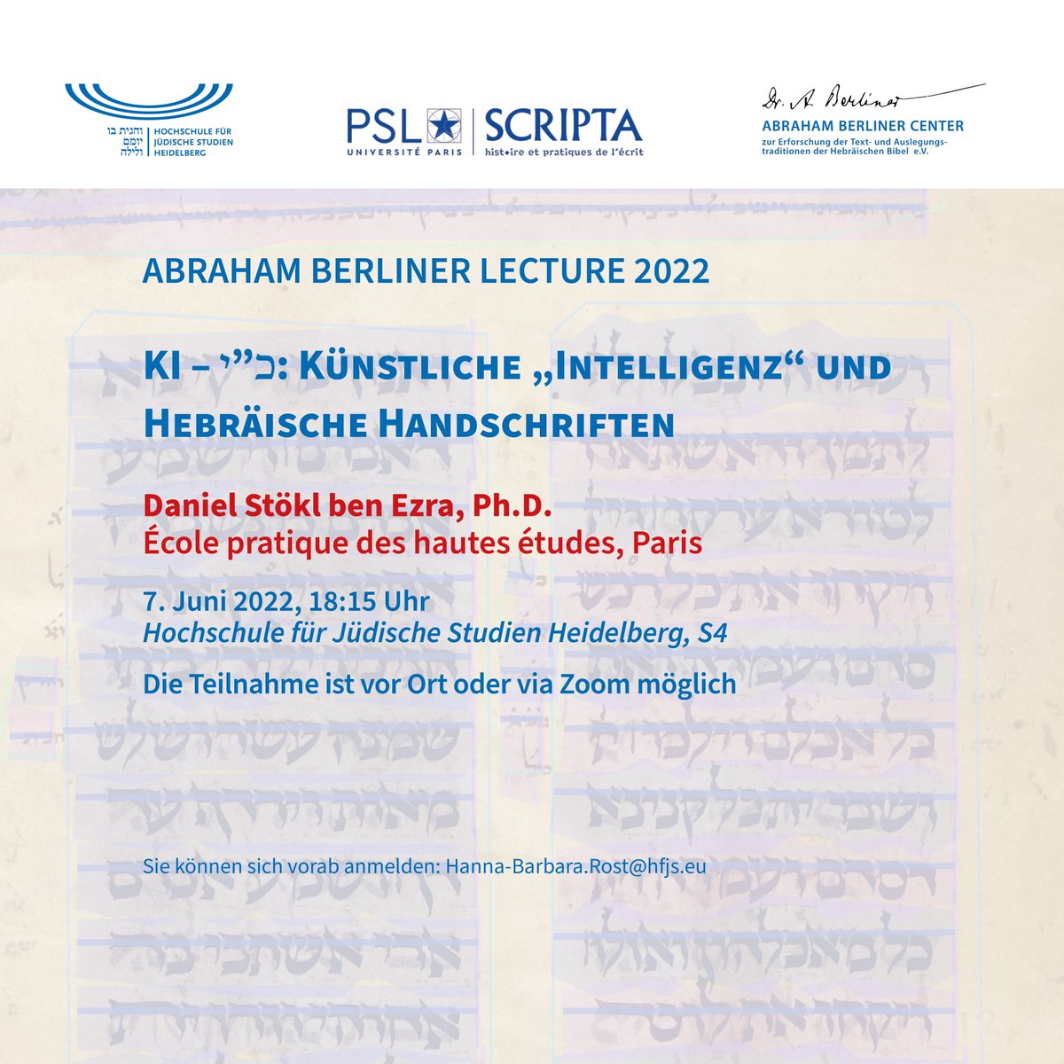 Masoreticum's tweet photo. We'd like to invite you to the Abraham Berliner Center Lecture 2022 at the Heidelberg Center for Jewish Studies. 
On June 7, Daniel Stökl @d_stoekl from the @EPHE_PSL will talk about "KI - כ"י: Künstliche 'Intelligenz' und Hebräische Handschriften." 
#HFJS #ABC #DigitalHumanities https://t.co/ti0EYg92Mj