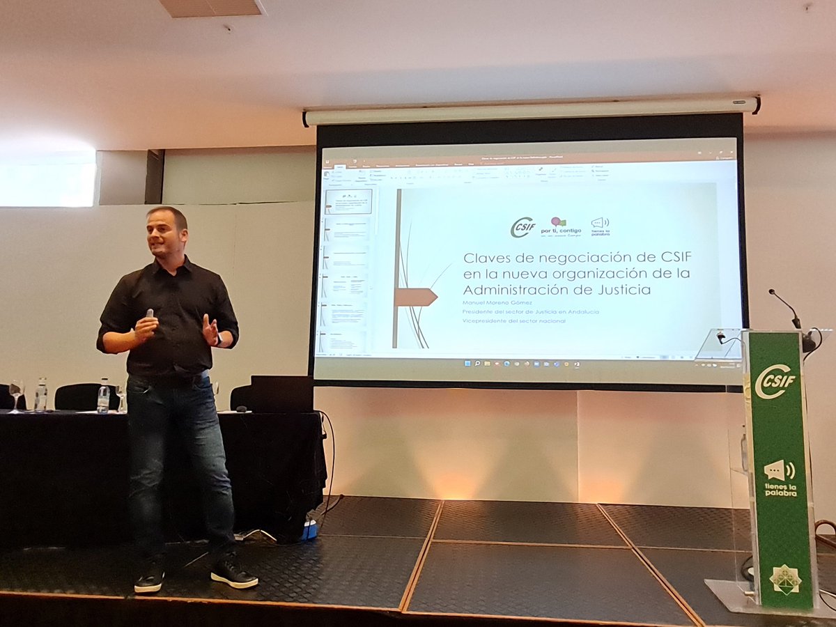 CSIFnacional's tweet photo. 🗣 Manuel Moreno, vicepresidente de @CSIFJusticiaNac, nos acerca las materias más importantes en la Accion Sindical y nos detalla las claves en la negociación de #CSIF en la nueva organización de #Justicia.
#JornadasJusticiaCSIF #TienesLaPalabra https://t.co/A2hgLBx4LH