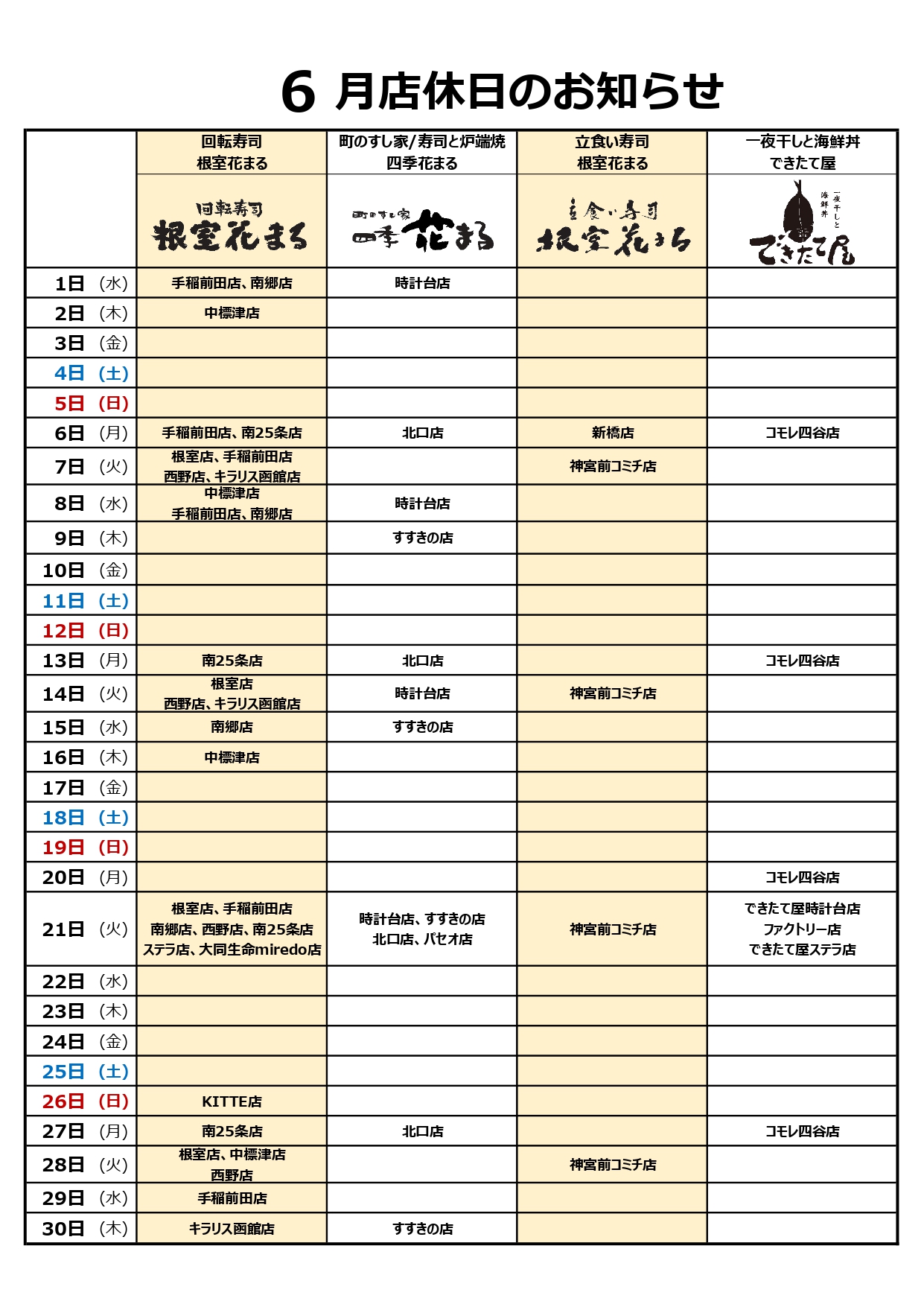 根室花まる 公式 6月店休日のお知らせ いつもご利用頂き有難うございます 6月の店休日をお知らせ致します 何卒宜しくお願い申し上げます 店舗情報 T Co Jman8obvzo 根室花まる T Co Eyxme5tgwl Twitter