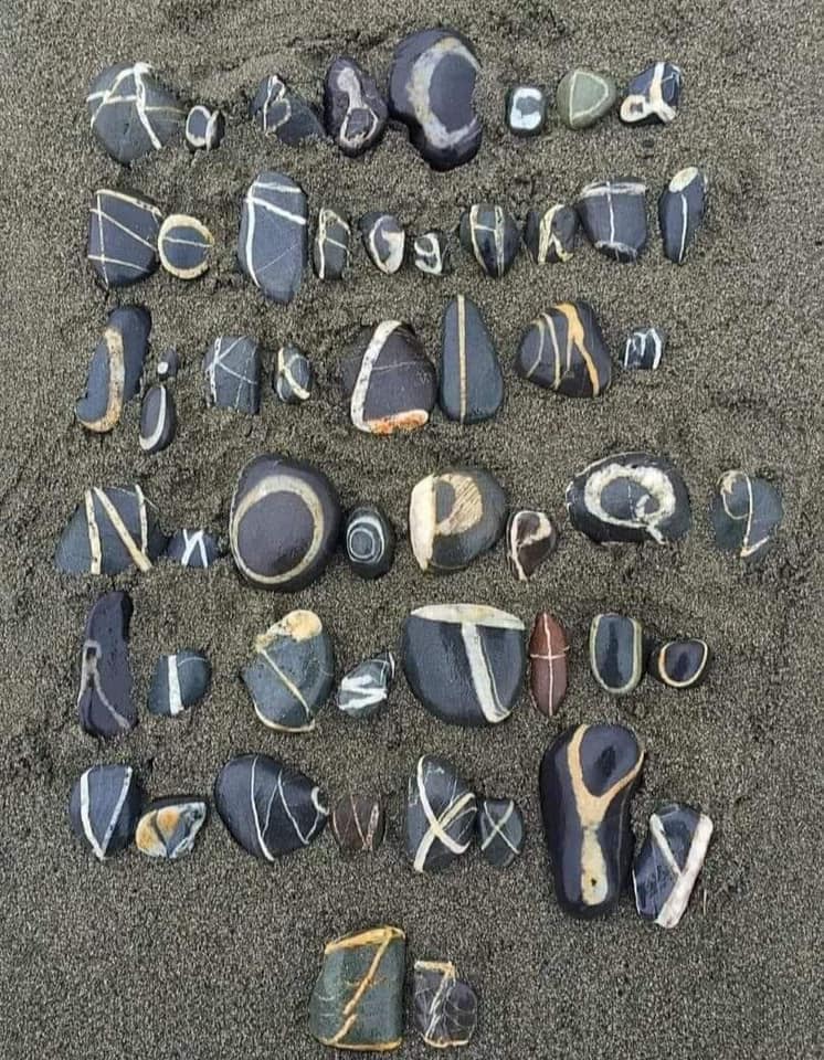 All the letters, large and small case. Quartz veins in stone.
Molly Montgomery collects natural unedited rocks on the beach creating an alphabet that took years.