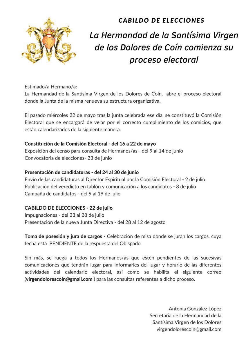CABILDO DE ELECCIONES 📣🗳

La Hermandad de la Stma. Virgen de los Dolores comienza su proceso electoral, donde la Junta de Gobierno  renueva su estructura organizativa. 

📩 consultas: virgendolorescoin@gmail.com 

#CofradiasMLG #DoloresCoín #cabildoelecciones #VirgenDoloresCoín