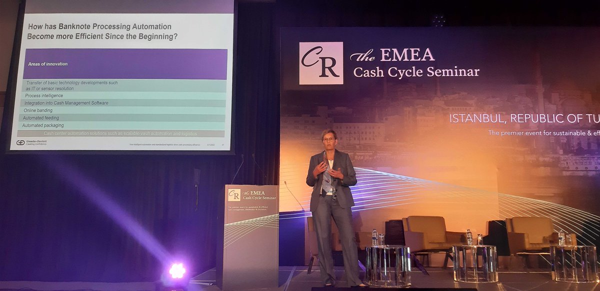 CurrencyResearc's tweet photo. At the EMEA Cash Cycle Seminar in Istanbul, we are also about technology! Excellent Innovation Session by Giesecke + Devrient about “How intelligent automation and standardized logistics drive cash processing efficiency.”
#EMEACCS2022 #iccos #cash #FutureofCash #CentralBanks https://t.co/7S7OZJcZuz