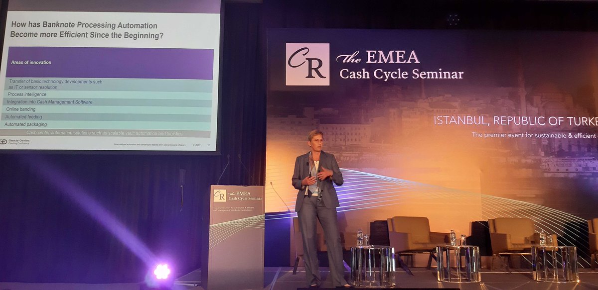 CurrencyResearc's tweet photo. At the EMEA Cash Cycle Seminar in Istanbul, we are also about technology! Excellent Innovation Session by Giesecke + Devrient about “How intelligent automation and standardized logistics drive cash processing efficiency.”
#EMEACCS2022 #iccos #cash #FutureofCash #CentralBanks https://t.co/7S7OZJcZuz