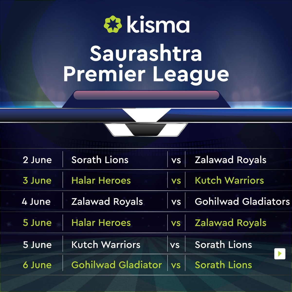 Kisma_India's tweet photo. Saurashtra Premier League starts from June 2. Are you ready for the upcoming excitement? 

#saurashtrapremierleague #spl #kisma https://t.co/zJYjsP1CLS