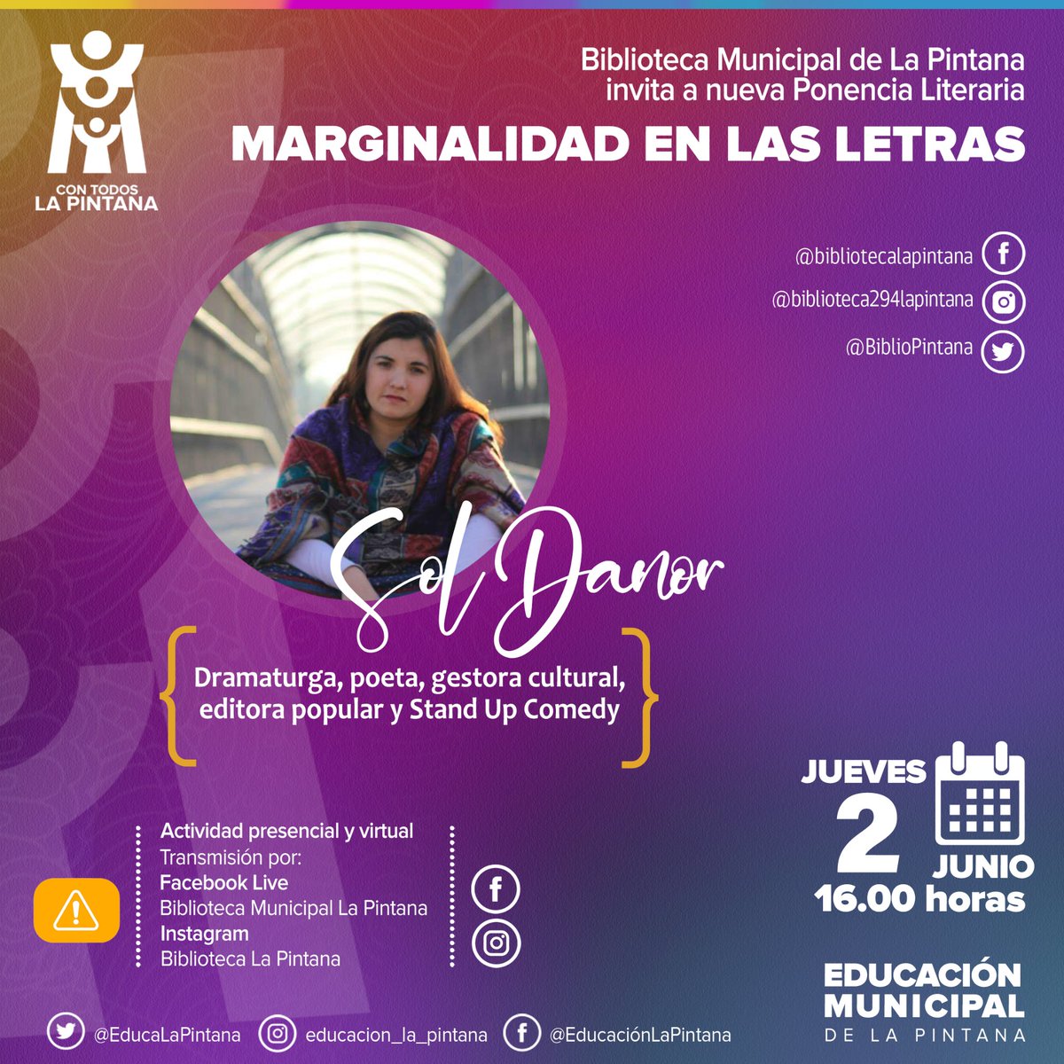 #BibliotecaMunicipalTeInvita
Nuestra Biblioteca Municipal te invita para este jueves 02 de junio a las 16:00 horas, para conocer y conversar sobre la marginalidad en las letras con la escritora, dramaturga, gestora cultural y editora popular Sol Danor.
