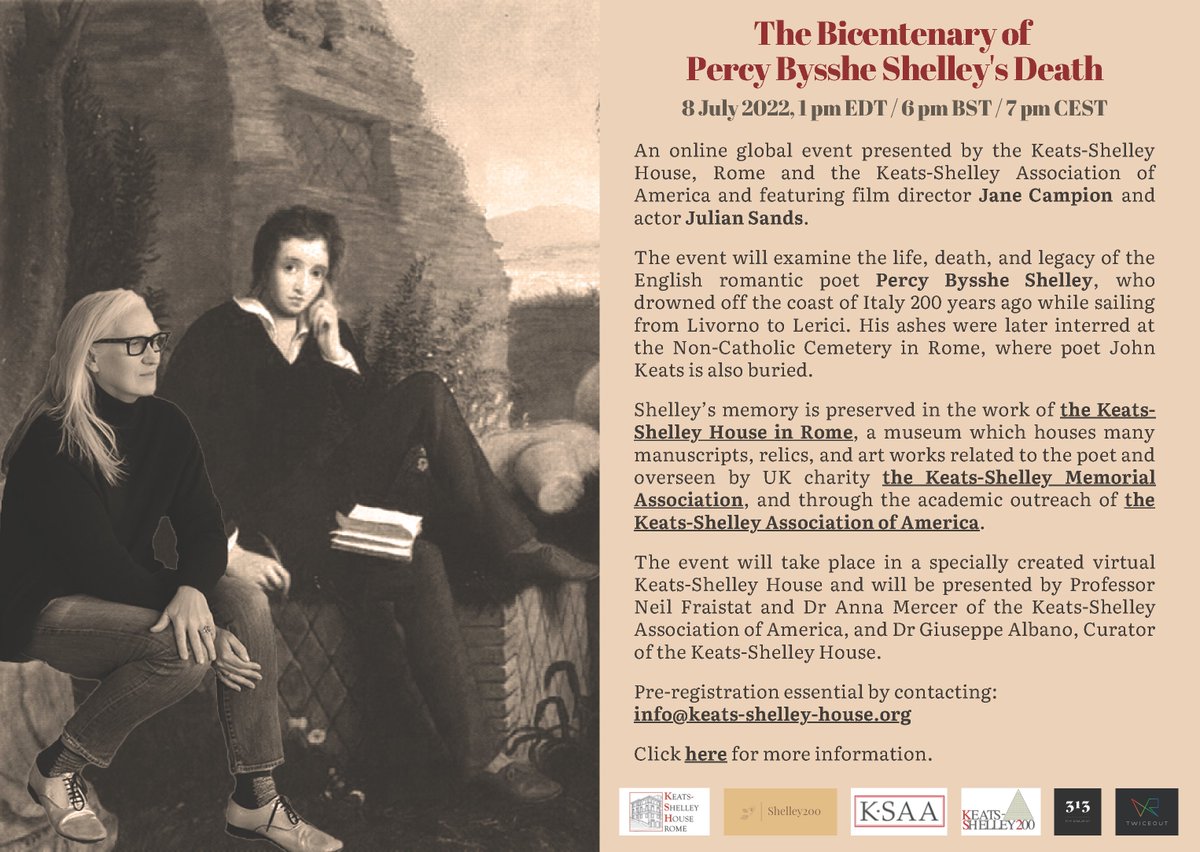 Want to join the #Shelley200 bicentenary celebrations from home? 

Our friends <a href="/Keats_Shelley/">Keats-Shelley House</a> and <a href="/KSAAcomm/">Keats-Shelley Assoc. | ksaacomm.bsky.social</a> have organised a spectacular online global event featuring acclaimed director and actor Jane Campion and Julian Sands. See flyer below for more info including registration!
