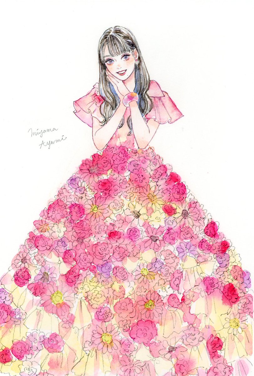 1girl solo dress long hair signature smile pink dress  illustration images