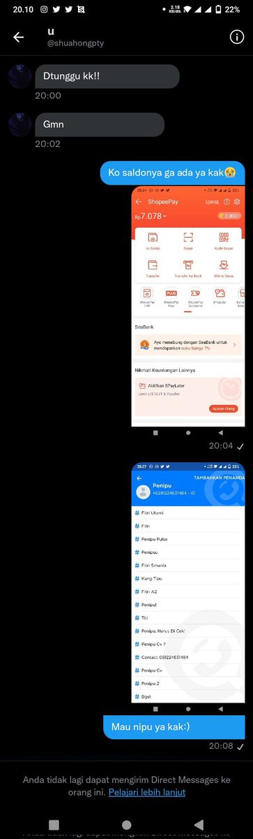 nimeajNa_Dream's tweet photo. MAU SPILL PENIPU

Hati² nih buat BA jangan mau Cv ataupun jual pulsa ke dia, usernamenya @shuahongpty untung ini aku cek dulu di get kontak eh dia langsung blok aku, hati² ya kak!
#zonauang #zonajajan #zonaba https://t.co/53xDkx2OSh