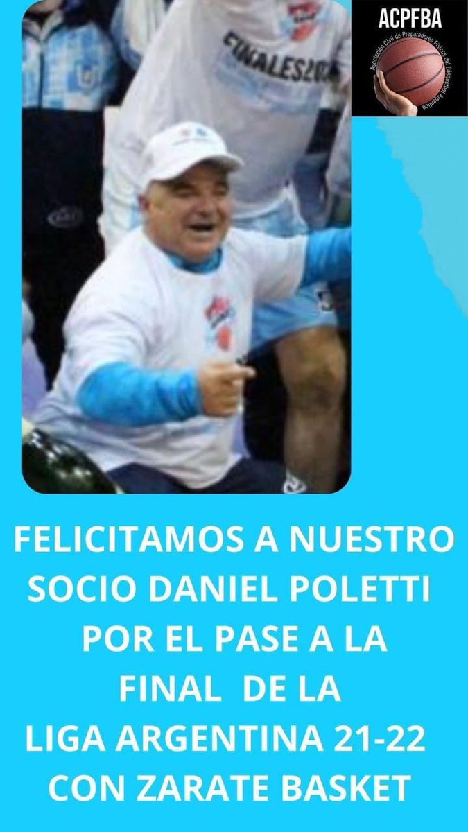 Felicitamos a nuestro socio Daniel Poletti, por si clasificación a la final de la Liga Argentina con su equipo ZARATE BASKET.

Vos ya sos parte de la Asociación Civil de Preparadores Físicos del Básquet Argentino?