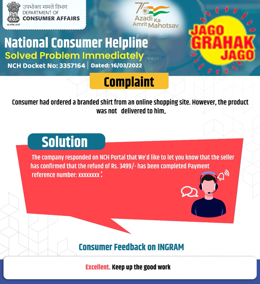 A success story of National Consumer Helpline (NCH). NCH helped a consumer in getting redressal of his grievance related to refund of a shirt. #JagoGrahakJago #NCH #success #story #AzadiKaAmritMahotsav