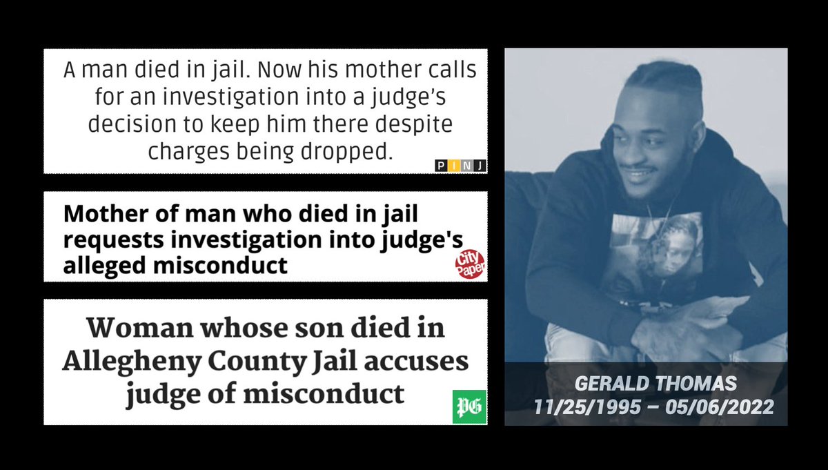 AbolitionistLC's tweet photo. 🧵 Juana Saunders, the mother of Gerald Thomas, went public w/ her judicial misconduct complaint against local Judge Mariani this week. Gerald died inside #AlleghenyCountyJail just 17 days after Mariani chose to keep Gerald incarcerated – despite ALL of his charges being dropped. https://t.co/jL4pYelRk7