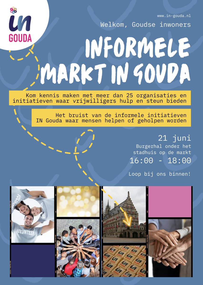 Welkom op de informele markt op 21 juni 16.00-18.00 u in de Burgerhal (onder oude stadhuis) op de Markt in #Gouda. Iedereen(burgers, #vrijwilligers, zorgprofessionals etc.) is van harte welkom. Laat u informeren wat er allemaal voor informele organisaties zijn! #informeelnetwerk