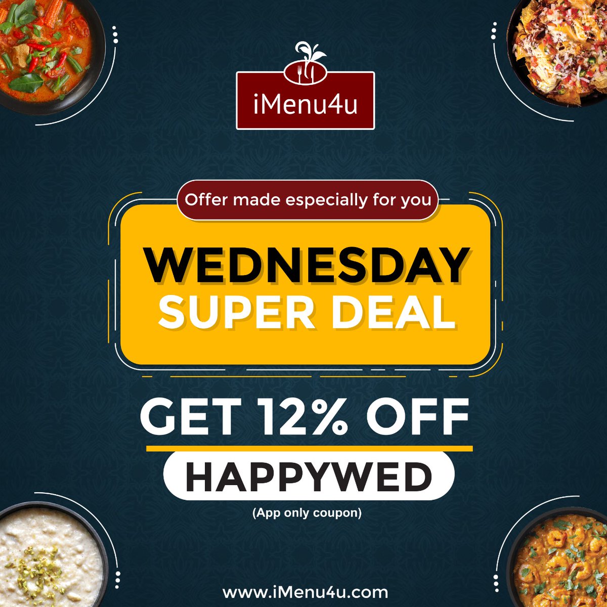 iMenu4u's tweet image. A Grand discount offer is here…. This Wednesday get 12% Off on your food orders. 
Use coupon code: HAPPYWED

Go ahead, grab the best grub this Wednesday and have a wonderful meal!
#iMenu4u #eatwithfriends #love #eat #foodlover #localfood #onlineorders #foodordering #sandiegolife