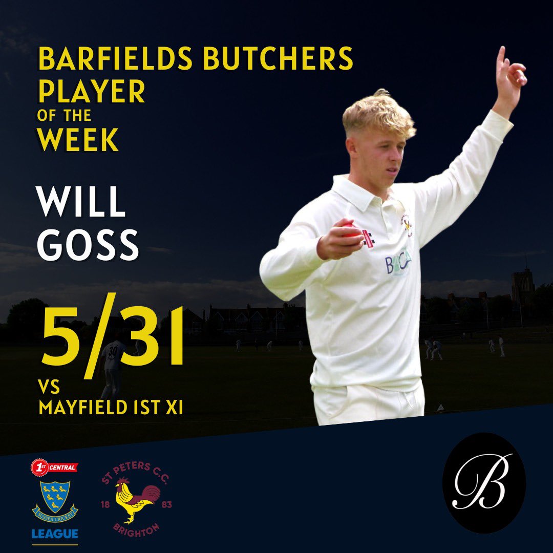 A new feature this season- Player of the week award. This week sponsored by <a href="/BarfieldButcher/">Barfields Butchers</a>, a family run butchers based in Brighton. 

This weeks award goes to Will Goss for his excellent 5-31 (including a hat trick) to help the 1st XI get back to winning ways against Mayfield.
