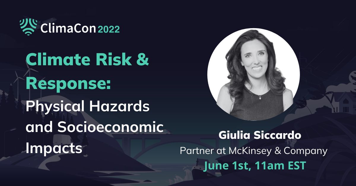 tomorrowio_'s tweet photo. Our #ClimaCon22 encore session is today!
Join us at 11am EST to hear from @McKinsey's Giulia Siccardo on "Climate Risk & Response: Physical Hazards and Socioeconomic Impacts."
Save your spot, and see you there! https://t.co/B3MYUDyoNK https://t.co/36lK6HgRu9