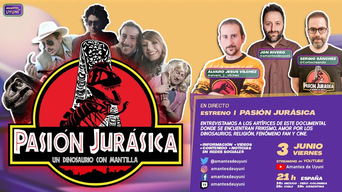 amantesdeuyuni's tweet photo. https://t.co/kJGqqdIpYN
Este viernes a las 21h
Entrevistamos y charlamos con los artífices de este documental, donde se encuentran frikismo, amor por los dinosaurios, religión, fenómeno fan y cine. 

#jurassicpark #jurassicworlddominion #pasiónjurásica https://t.co/xpgzsuWm0z