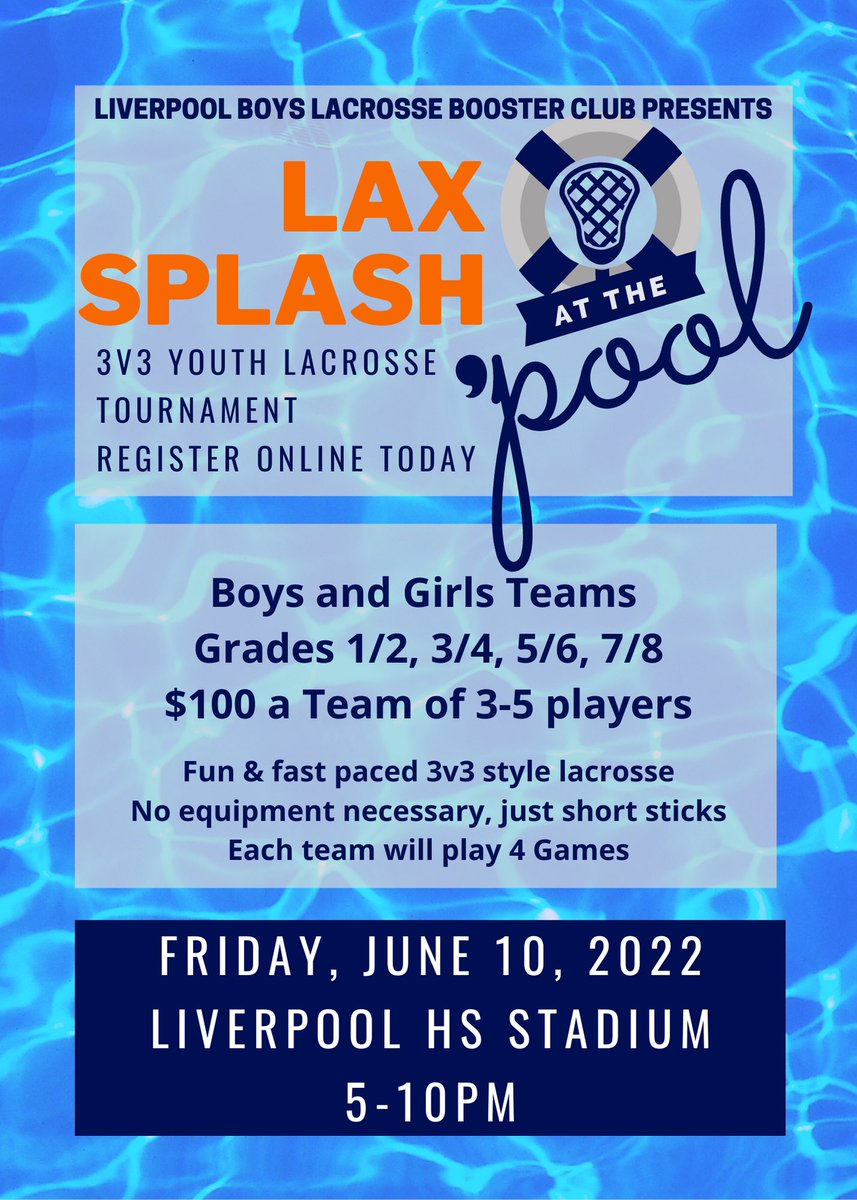Outstanding event for a young player!
😃Low impact
😃Only need a stick
😃Short field
😃Lots of action
😃Fun atmosphere

➡️ tinyurl.com/LaxSplash

Grades 1-8 Boys &amp; Girls Divisions.
Sign up your team of 3-5 players today!
<a href="/LpoolHSBoysLax/">Liverpool Boys Lax</a> @LpoolGirlsLax <a href="/ErynnEla/">Erynn Anderson</a> <a href="/CoachFelice/">Mike Felice</a>