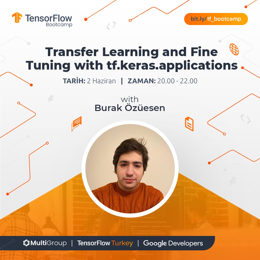 TensorFlowTurk's tweet image. Beşinci eğitimi ile #TensorFlowBootcamp hız kesmeden devam ediyor! 🥳

Burak Özüesen, Transfer Learning and Fine Tuning with tf.keras.applications konulu eğitimi ile 2 Haziran Perşembe günü saat 20:00’da bizlerle olacak. 💙 

🔗 youtube.com/watch?v=sJVHGp…
 
#TensorFlow