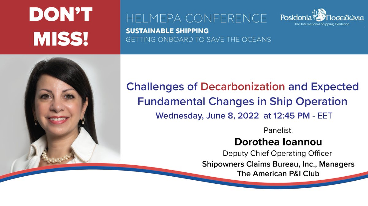 americanpandi's tweet photo. #DontMiss @RodeaIoannou bringing a P&I perspective to the panel #discussion “Challenges Of #Decarbonization and Expected Fundamental Changes in #ShipOperation and Stakeholders' at #Athens Metropolitan Expo. WED. 8 JUNE at 12:45 EET. Information & Agenda: https://t.co/RLebgF54Jn https://t.co/UlWd26XfbH