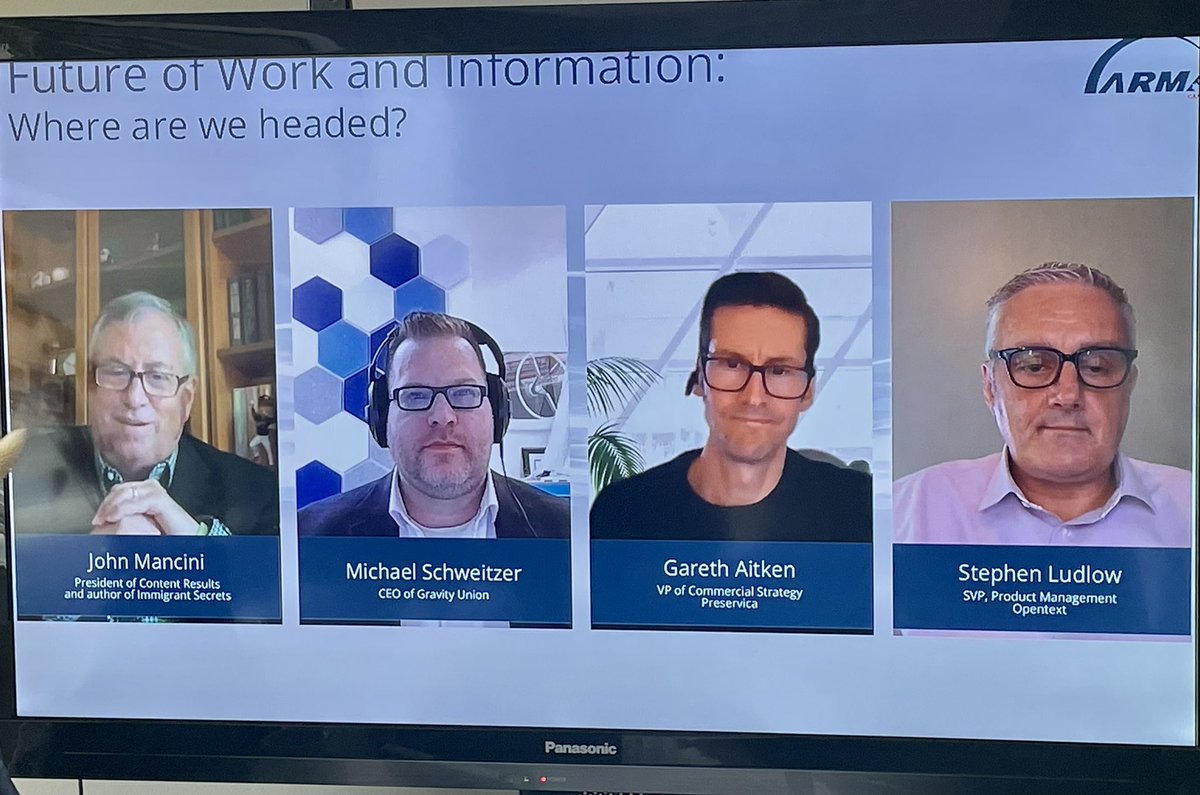 Preservica's tweet photo. [Event Update 📅] We're having a blast at the #ARMACanada Conference 2022 this week!

📷Here's a picture from the technology panel discussion on the future of information and work.

@ARMACanada @jmancini77 @GravityUnionECM @OpenText 

#DigiPres #InfoCon https://t.co/SoO6JlAMIK