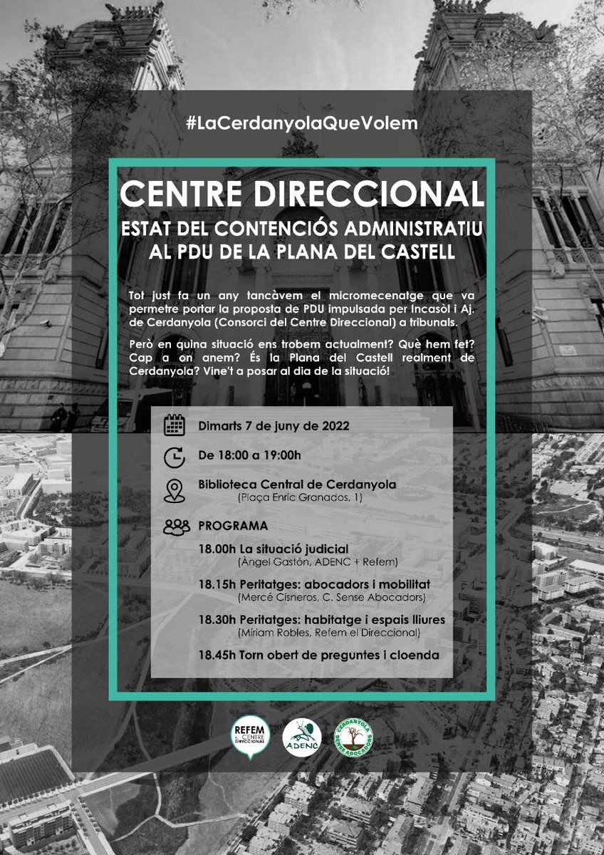 <a href="/refemelCD/">REFEM</a> <a href="/Adenc1982/">ADENC</a> <a href="/ecologistescat/">Ecologistes de Catalunya</a> <a href="/plataformaCRZ/">Plataforma Ciutadana Residu Zero</a> <a href="/PCDCollserola/">PLATAFORMA CÍVICA PER A LA DEFENSA DE COLLSEROLA</a> <a href="/sosvalles/">sosvalles</a> <a href="/abocadors/">Cerdanyola Sense Abocadors</a> Toca Explicar-nos perquè ja hem fet molts passos lluitant contra un Macroprojecte de més de 5.000 habitatges sense respecte per la  #viaverdaCollserolaSantLlorenç #CentreDireccional