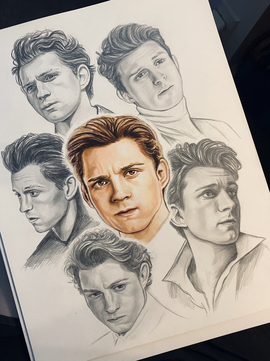 happy birthday to my favorite superhero tom holland, whose inspires us with his kindness and blows us away with his talent, here I have a drawing I’ve worked on for a couple weeks, using marker and pencil to capture six different tom portraits 
#GratefulForTomHolland ✏️