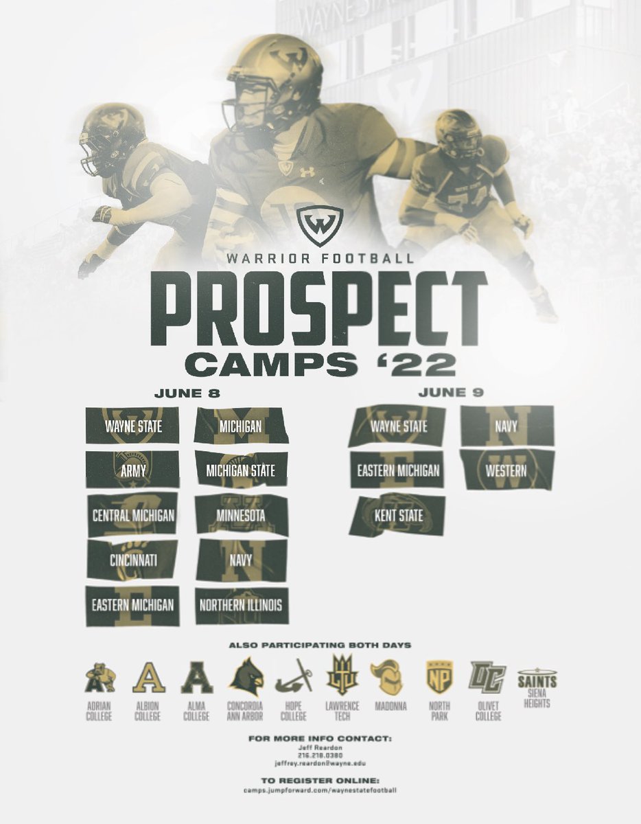 🚨 UPDATED CAMP GRAPHIC 🚨 ONE WEEK until our first prospect camp of the summer! Get signed up today ⬇️⬇️⬇️ camps.jumpforward.com/waynestatefoot… #OneWarrior 🔰