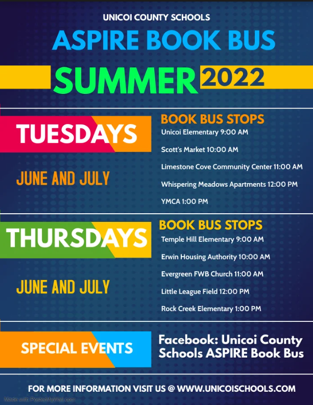 Unicoi_Schools's tweet photo. Unicoi County Schools 2022 ASPIRE Summer Book Bus Schedule starts tomorrow June 2. The Book Bus will make stops in June and July on Tuesdays and Thursdays. Below is the schedule for the bus stops.
#unicoicountyschools #bookbus #summerreading #earlyliteracy https://t.co/jy2auwq9hX